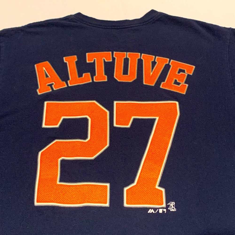 HOUSTON ASTROS Jose Altuve #27 Shirt by Majestic- Navy and Orange